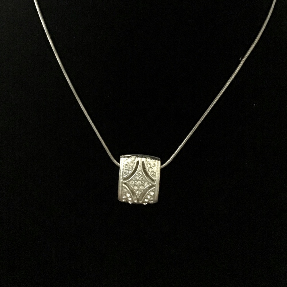 Vtg Trifari Rhinestone Silver Rectangular Pendant… - image 2